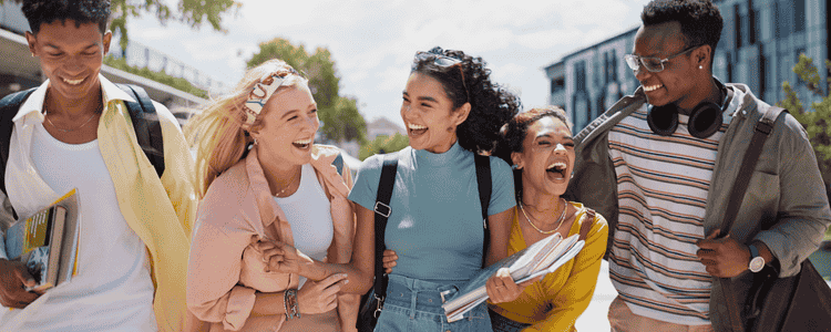 College students gathered together and smiling